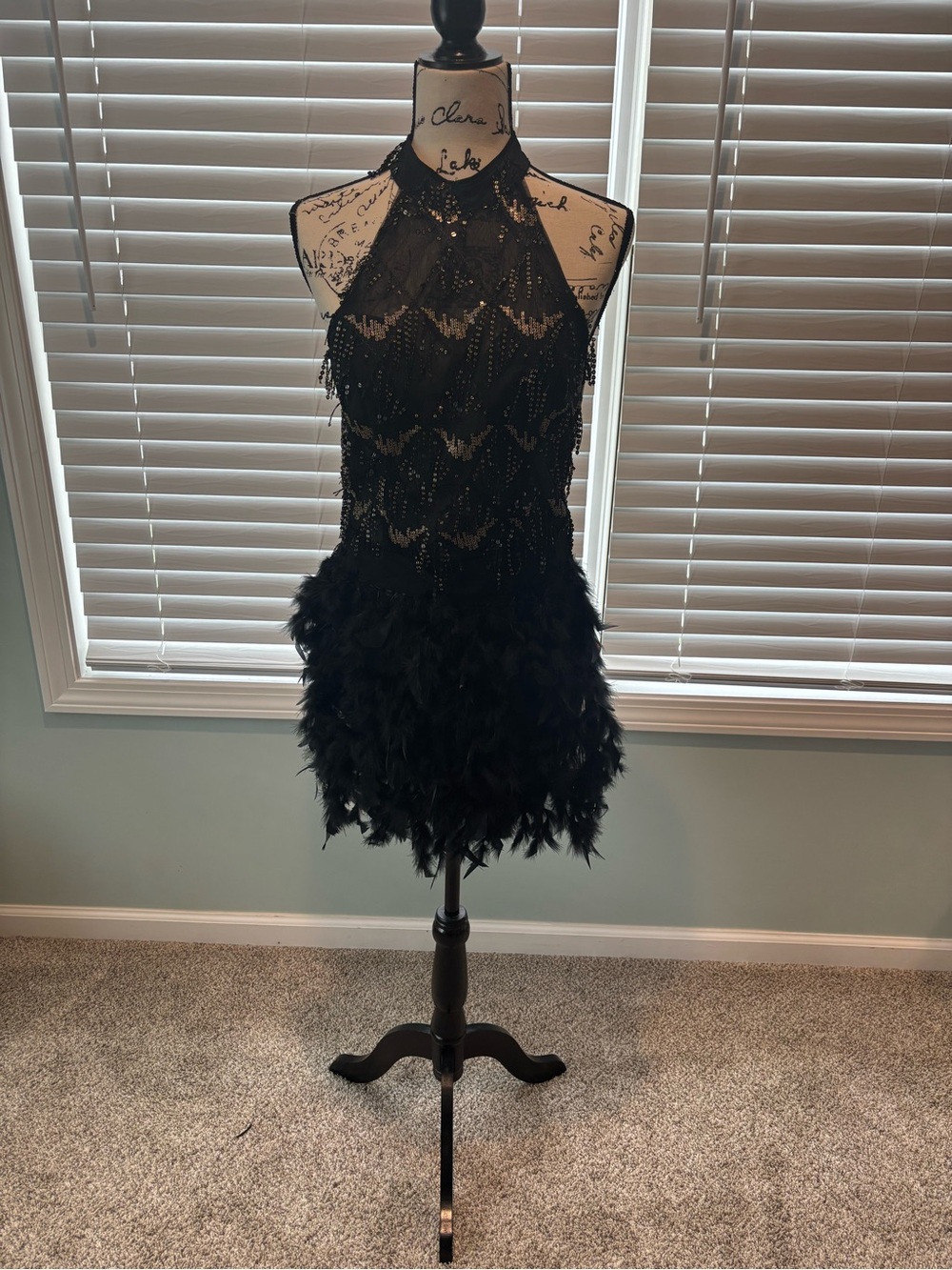 SHEIN Black Beaded Feathered Backless Halter Dress